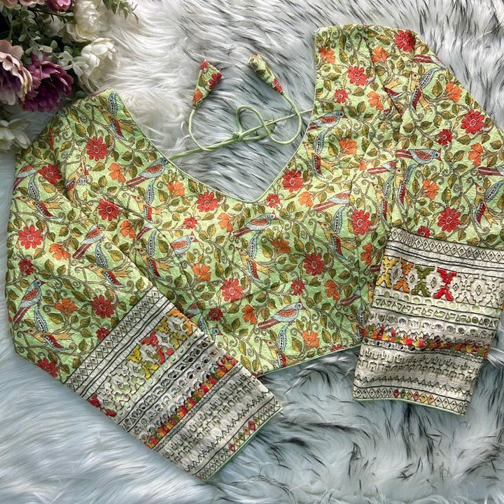 CHIKANKARI WORK WITH KALAMKAARI PRINT LONG SLEEVES BLOUSE
