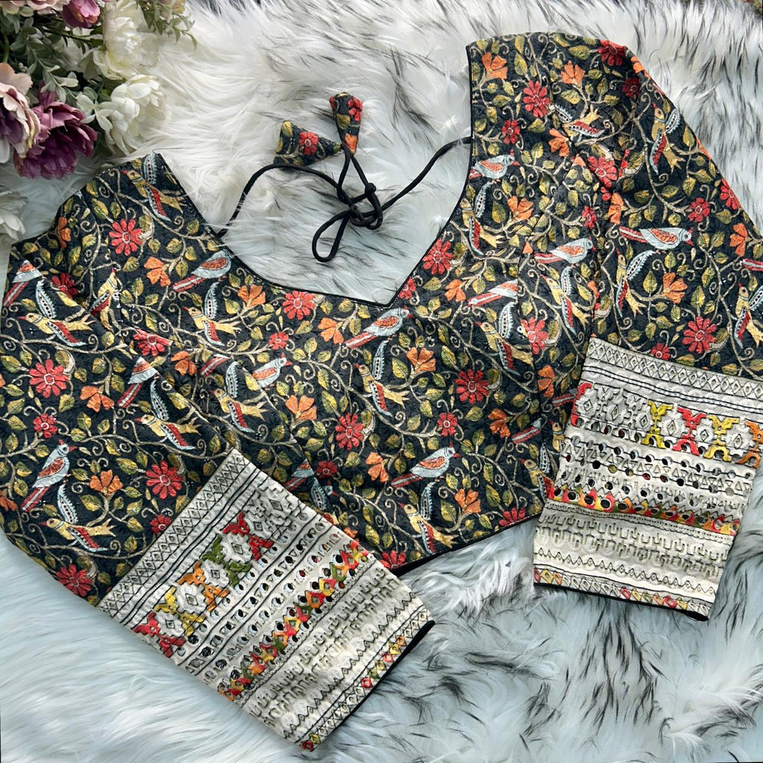 CHIKANKARI WORK WITH KALAMKAARI PRINT LONG SLEEVES BLOUSE