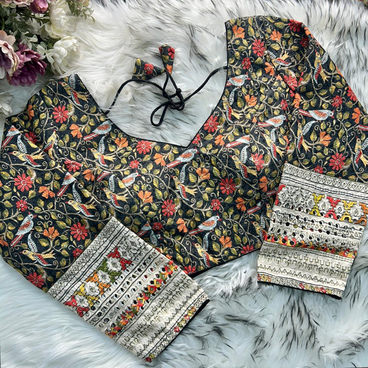 CHIKANKARI WORK WITH KALAMKAARI PRINT LONG SLEEVES BLOUSE