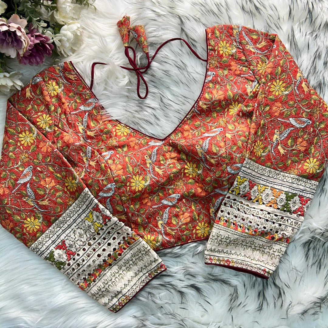 CHIKANKARI WORK WITH KALAMKAARI PRINT LONG SLEEVES BLOUSE