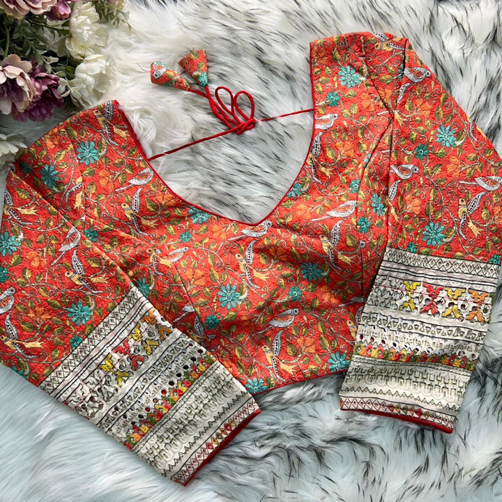 CHIKANKARI WORK WITH KALAMKAARI PRINT LONG SLEEVES BLOUSE