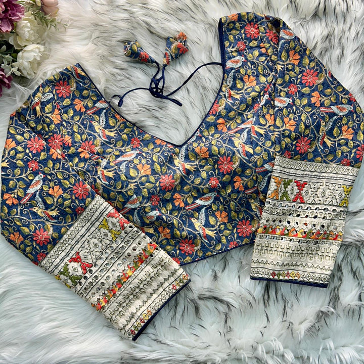 CHIKANKARI WORK WITH KALAMKAARI PRINT LONG SLEEVES BLOUSE