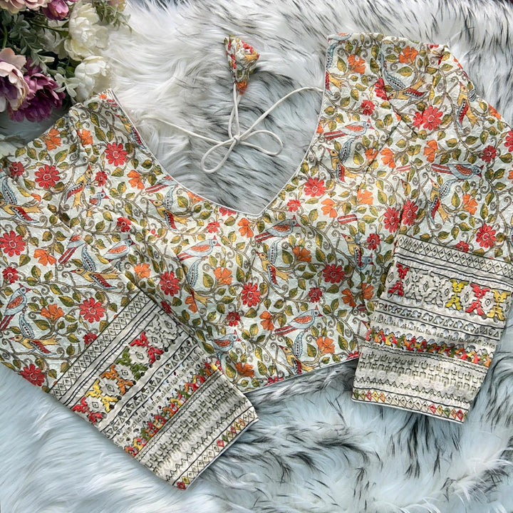 CHIKANKARI WORK WITH KALAMKAARI PRINT LONG SLEEVES BLOUSE
