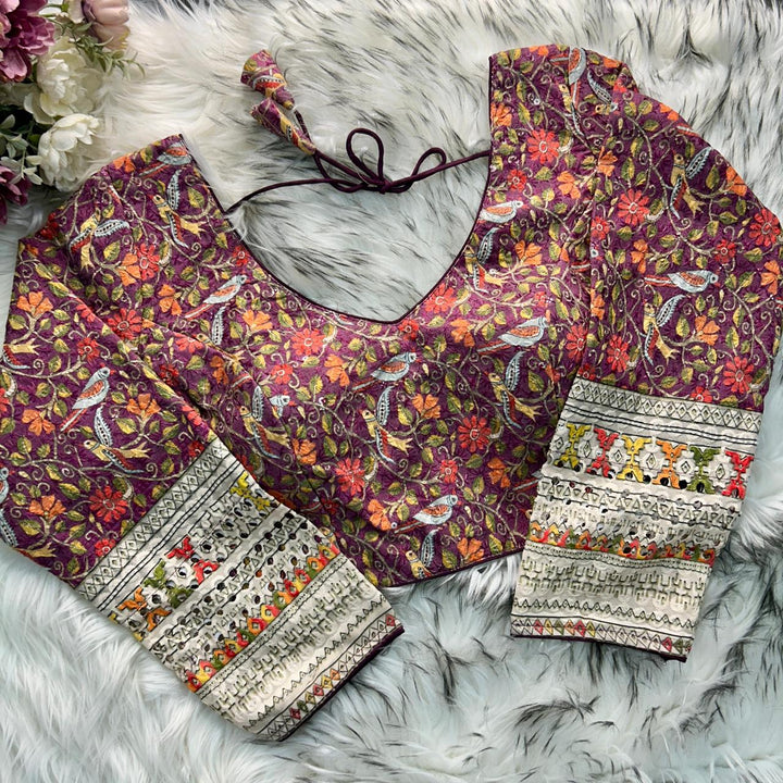 CHIKANKARI WORK WITH KALAMKAARI PRINT LONG SLEEVES BLOUSE