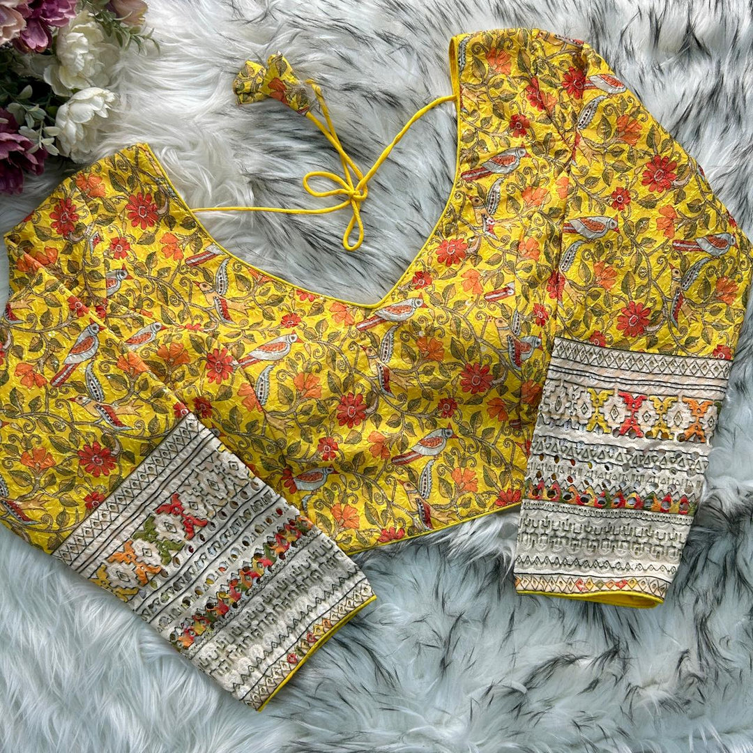 CHIKANKARI WORK WITH KALAMKAARI PRINT LONG SLEEVES BLOUSE