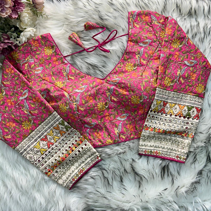 CHIKANKARI WORK WITH KALAMKAARI PRINT LONG SLEEVES BLOUSE