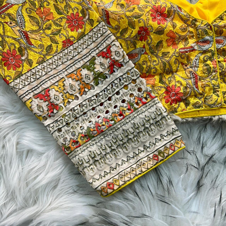 CHIKANKARI WORK WITH KALAMKAARI PRINT LONG SLEEVES BLOUSE