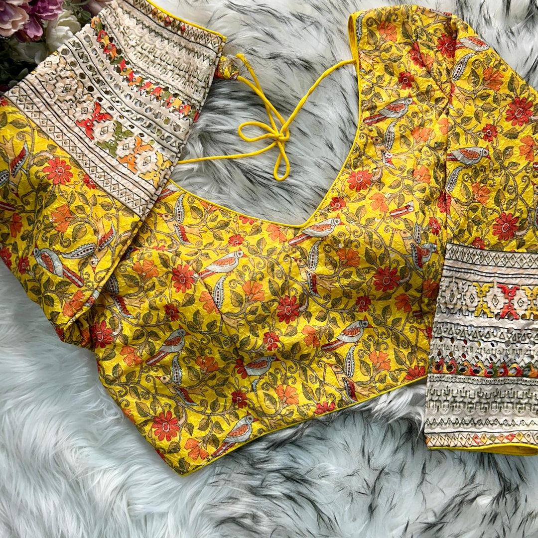 CHIKANKARI WORK WITH KALAMKAARI PRINT LONG SLEEVES BLOUSE