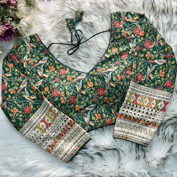CHIKANKARI WORK WITH KALAMKAARI PRINT LONG SLEEVES BLOUSE