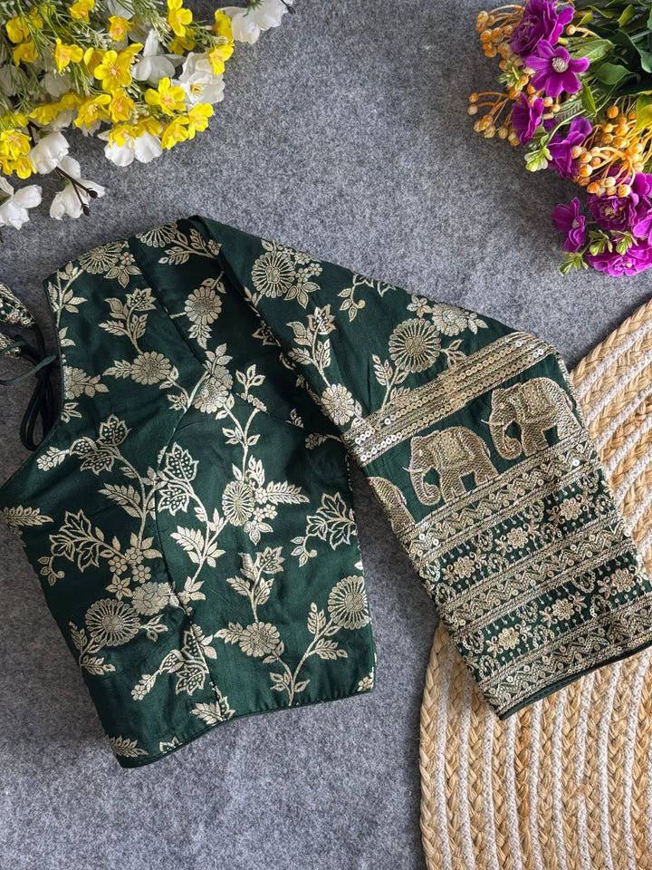 HEAVY PURE DOLA SILK FULL SLEEVES ELEPHANT DESIGN BLOUSE