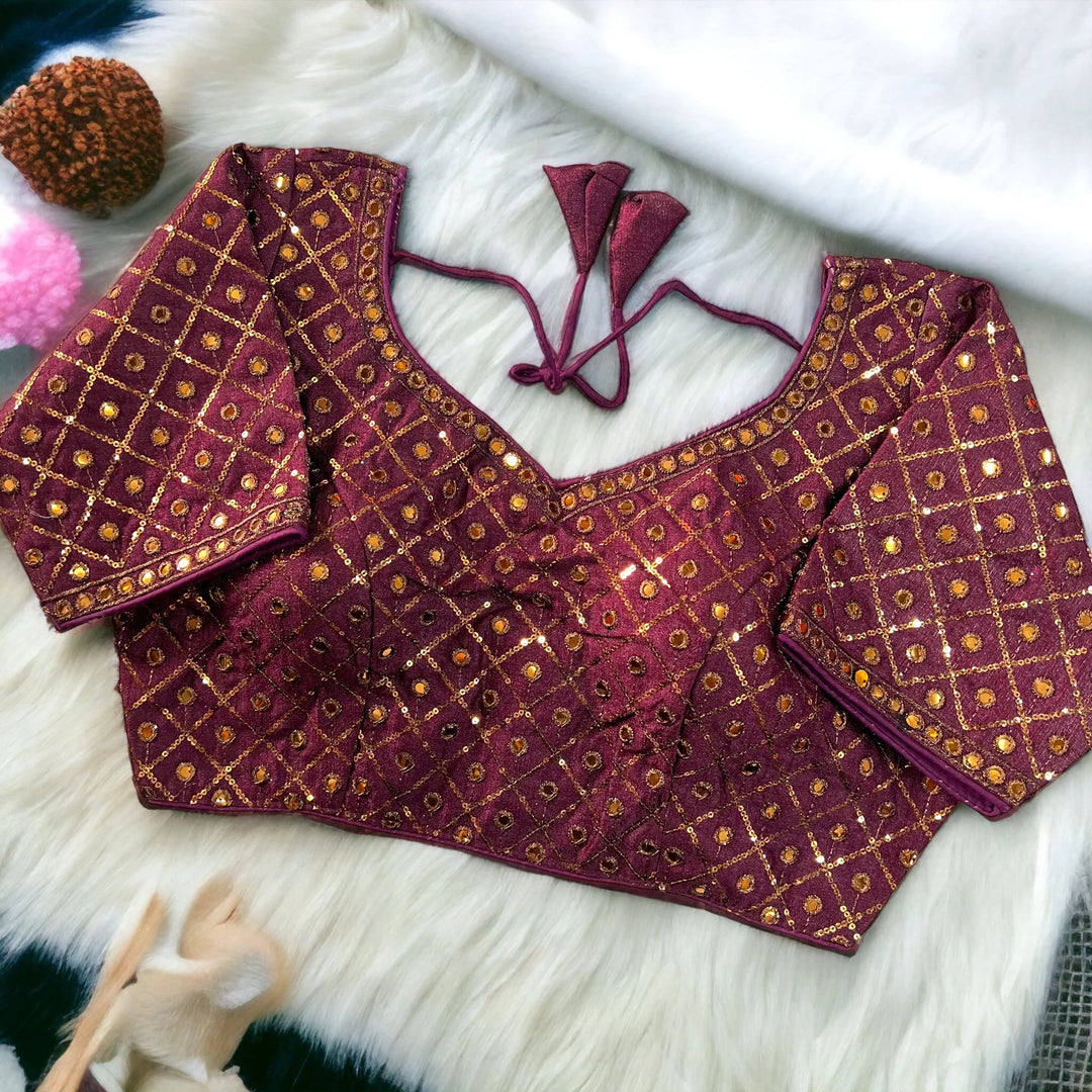 Copper Jari+Mirror Heavy Embroidery Work Blouse